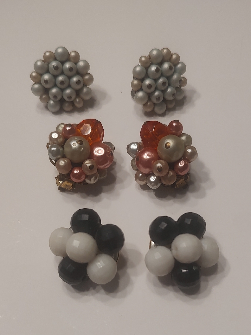 Vintage Beaded Cluster Clip-On Or Screw Back Earrings Lot X 3,